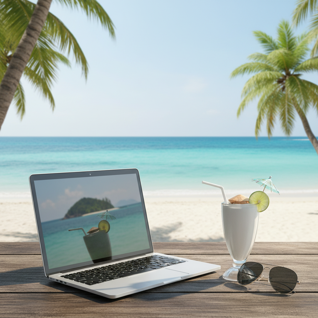 에메랄드빛 바다가 보이는 태국 코사무이의 해변가 나무 테이블 위에 놓인 최신형 실버 노트북과 신선한 코코넛 주스 그리고 선글라스가 조화를 이룬 고화질 풍경 사진