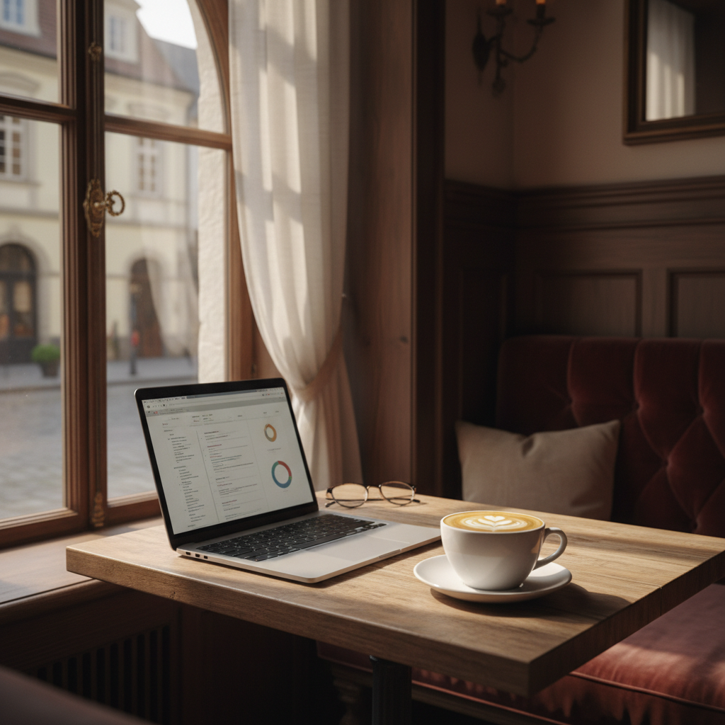 유럽풍 인테리어가 돋보이는 고즈넉한 카페 창가 자리에서 햇살을 받으며 업무에 집중하는 노트북과 라떼 아트가 그려진 커피 한 잔의 감성적인 클로즈업