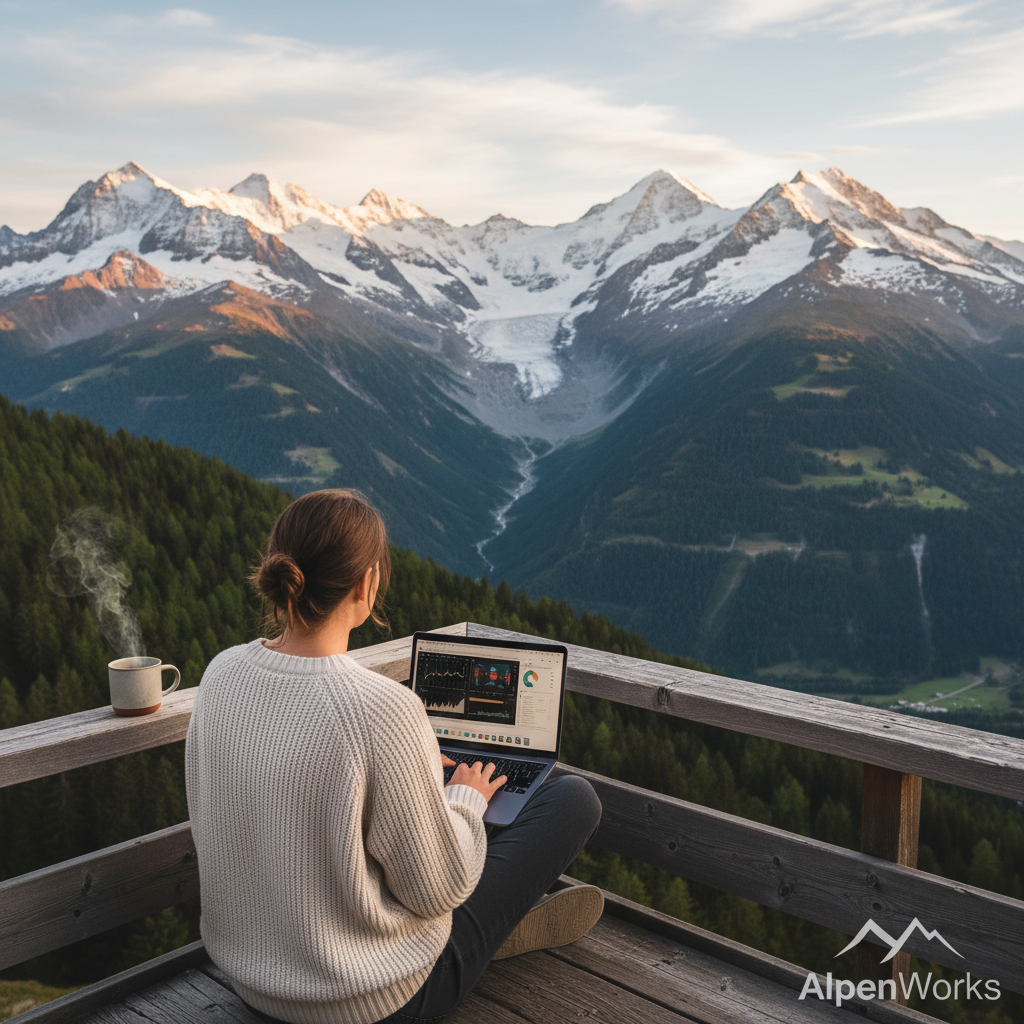 스위스 알프스의 만년설이 보이는 테라스에서 맥북을 펼쳐놓고 일하는 뒷모습과 따뜻한 김이 모락모락 피어오르는 머그컵을 담은 웅장한 대자연 배경 이미지