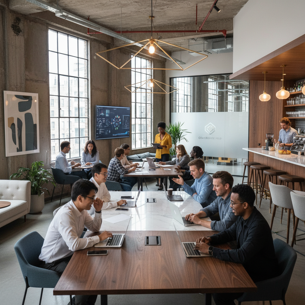 세련된 인테리어의 현대적인 코워킹 스페이스에서 다양한 국적의 사람들이 노트북으로 협업하는 활기차고 역동적인 비즈니스 환경을 담은 밝은 사진