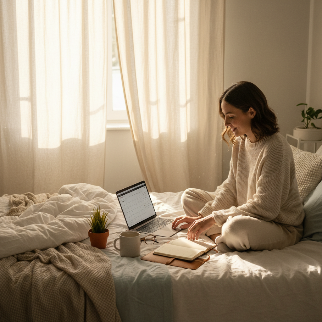 부드러운 리넨 커튼 사이로 아침 햇살이 비치는 아늑한 침대 위에서 노트북과 다이어리를 활용해 하루를 계획하는 평화롭고 생산적인 아침 일상 이미지